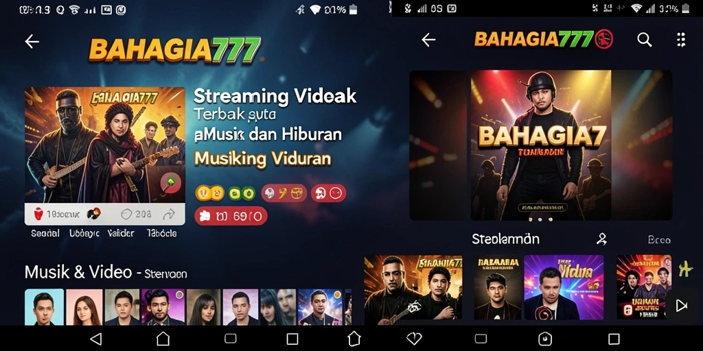 Antarmuka aplikasi BAHAGIA777 untuk streaming video musik dan hiburan.