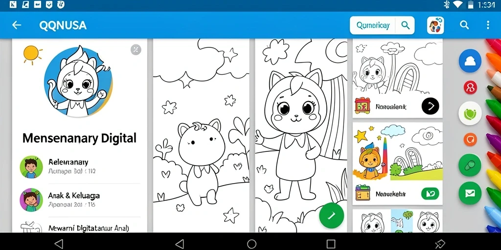 Antarmuka aplikasi QQNUSA Mewarnai Digital untuk anak-anak.